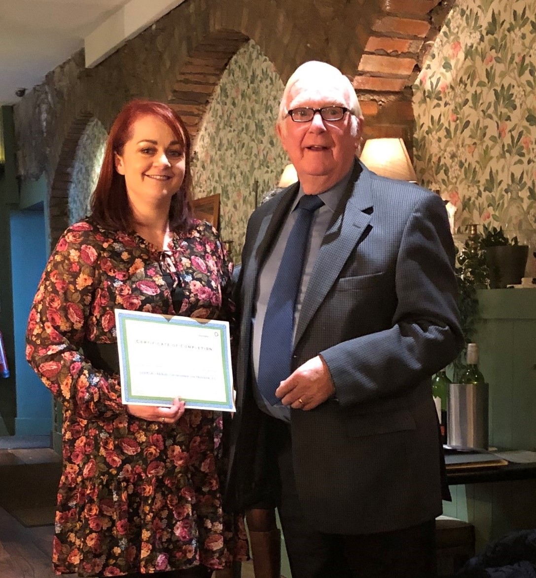 Ciara Doherty, Wicklow CIC, receives her ETIP certificate from South Leinster CIS board member, Eamonn Burgess
